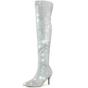 Glitter Pointed Toe Stiletto Heels Silver Over the Knee Boots